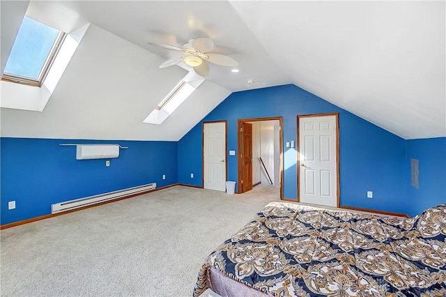 unfurnished bedroom with lofted ceiling with skylight, a baseboard radiator, ceiling fan, a wall mounted air conditioner, and carpet flooring