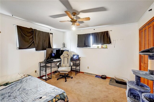 bedroom with ornamental molding, carpet flooring, ceiling fan, and baseboards