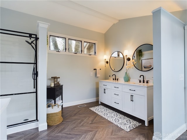 bathroom featuring vanity, parquet floors, vaulted ceiling, and an enclosed shower