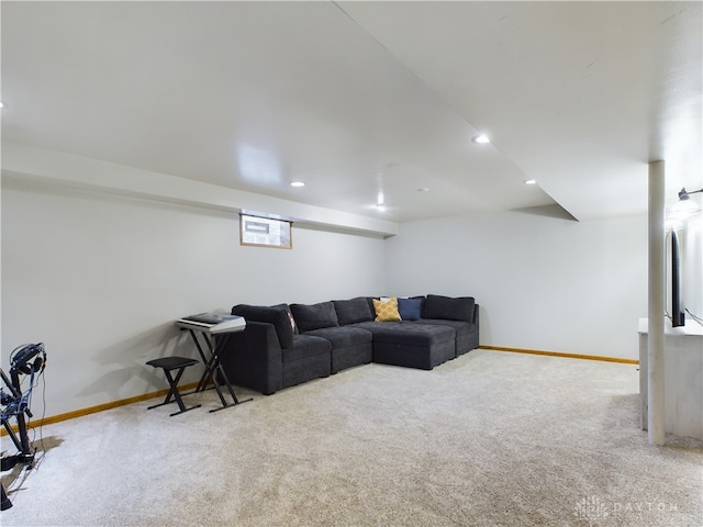 living room featuring light carpet