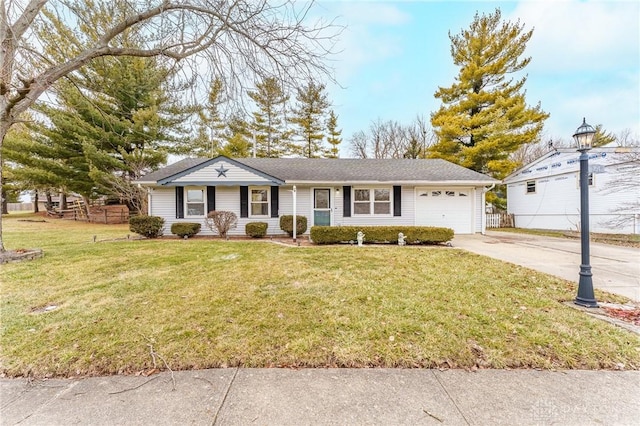 single story home with a garage and a front lawn