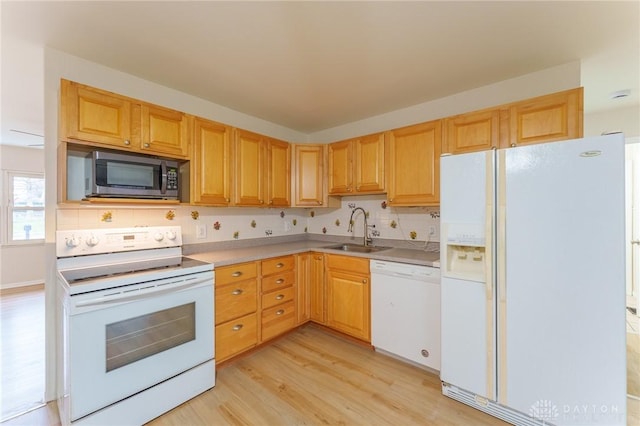 kitchen featuring sink, white appliances, light hardwood / wood-style flooring, and backsplash