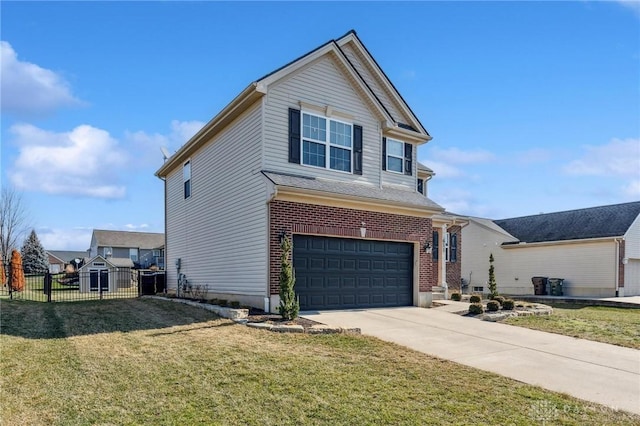 front facade featuring a garage and a front lawn