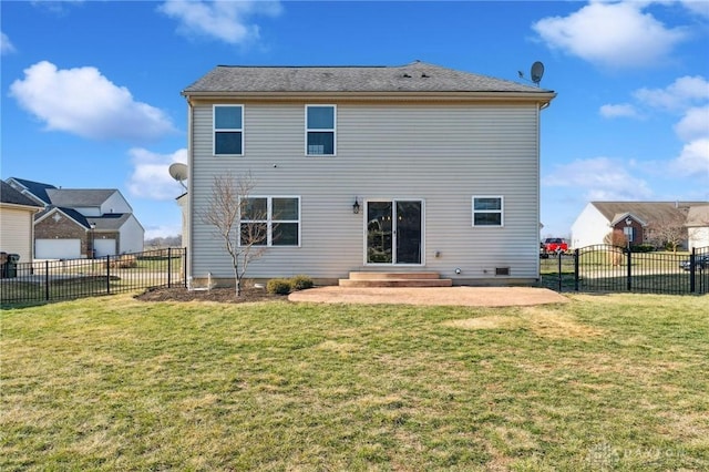 back of property with a patio and a yard