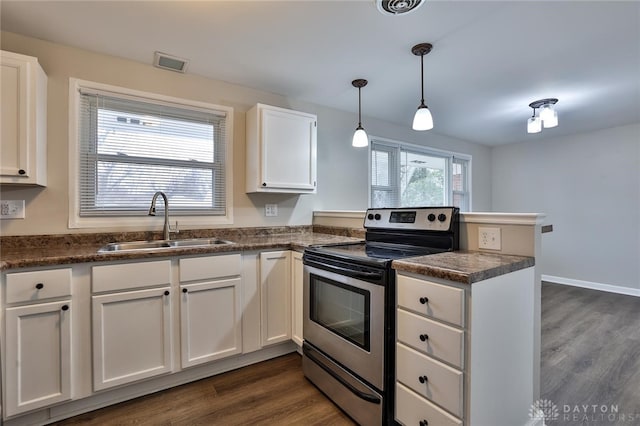 kitchen with sink, stainless steel range with electric stovetop, white cabinetry, hanging light fixtures, and kitchen peninsula