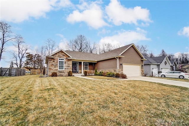 ranch-style house with a garage and a front lawn