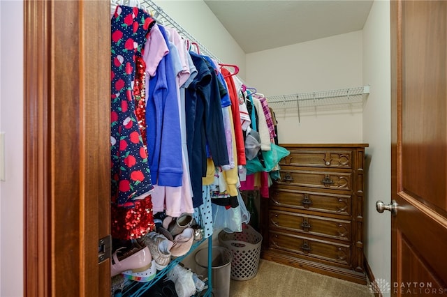 spacious closet featuring light colored carpet