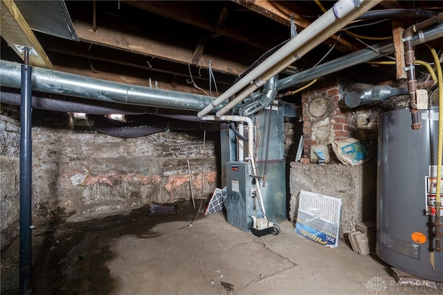 unfinished basement featuring water heater and heating unit