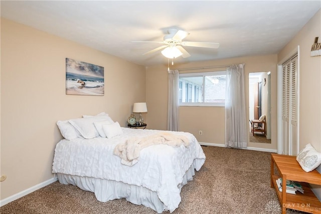 bedroom featuring carpet flooring, ceiling fan, and a closet