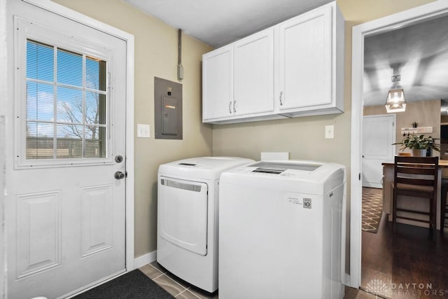 laundry room with cabinets, dark hardwood / wood-style flooring, electric panel, and washer and clothes dryer