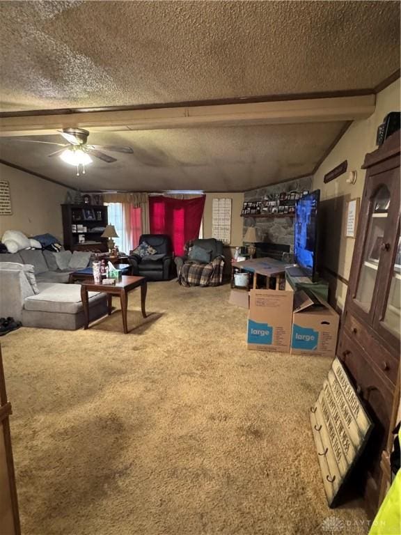 carpeted living room featuring ceiling fan, vaulted ceiling with beams, and a textured ceiling