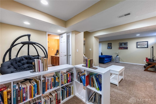 game room with carpet floors, baseboards, visible vents, and recessed lighting