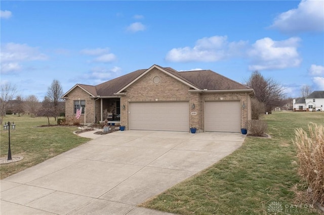 ranch-style house with a garage and a front yard