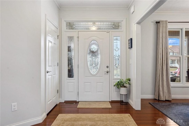 entryway featuring crown molding and dark hardwood / wood-style floors