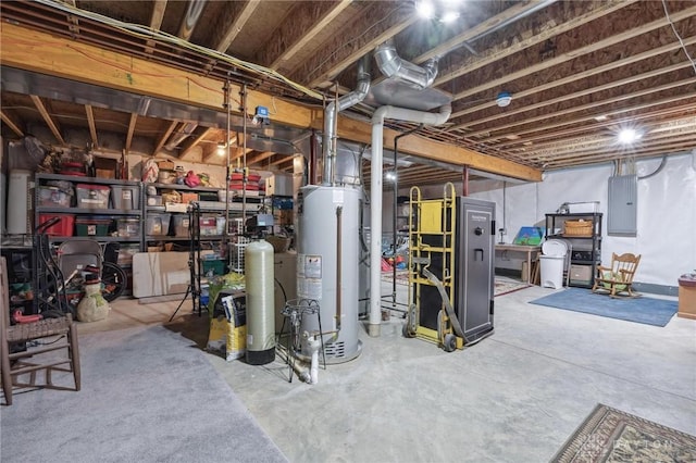 basement with gas water heater and electric panel