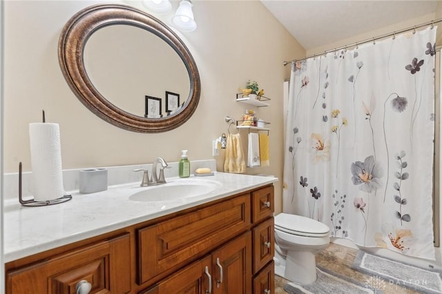 bathroom with vanity, toilet, and a shower with shower curtain