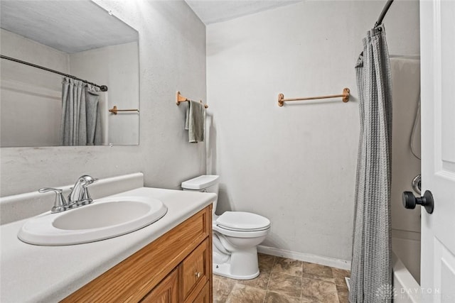 full bathroom featuring vanity, shower / bath combination with curtain, and toilet