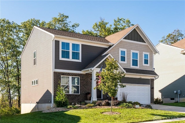 craftsman-style house with a garage and a front lawn