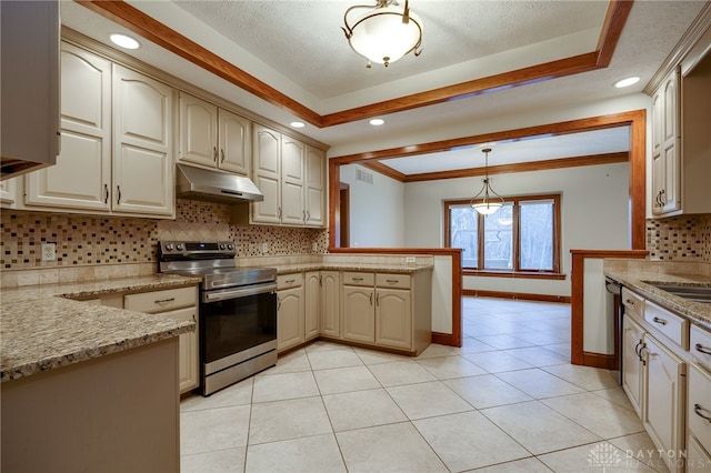 kitchen with a peninsula, stainless steel appliances, under cabinet range hood, backsplash, and light tile patterned floors