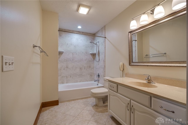 full bath featuring a textured ceiling, toilet, vanity,  shower combination, and tile patterned flooring