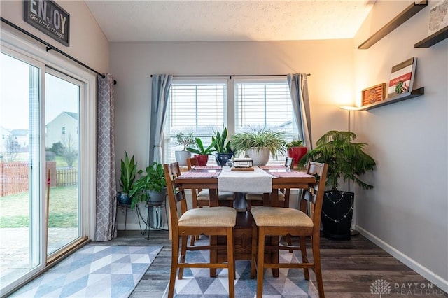 dining room with a textured ceiling, dark hardwood / wood-style floors, and a healthy amount of sunlight