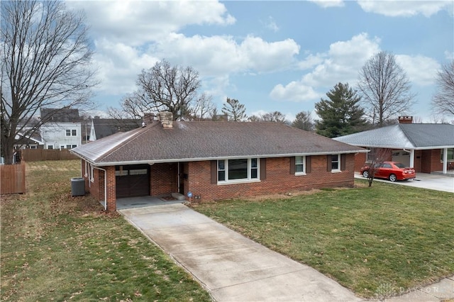 ranch-style house with central AC, a front lawn, and a carport