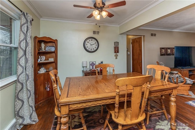 dining area featuring ornamental molding, dark wood-type flooring, and ceiling fan