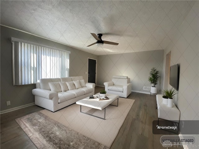 living room with dark wood-type flooring and ceiling fan