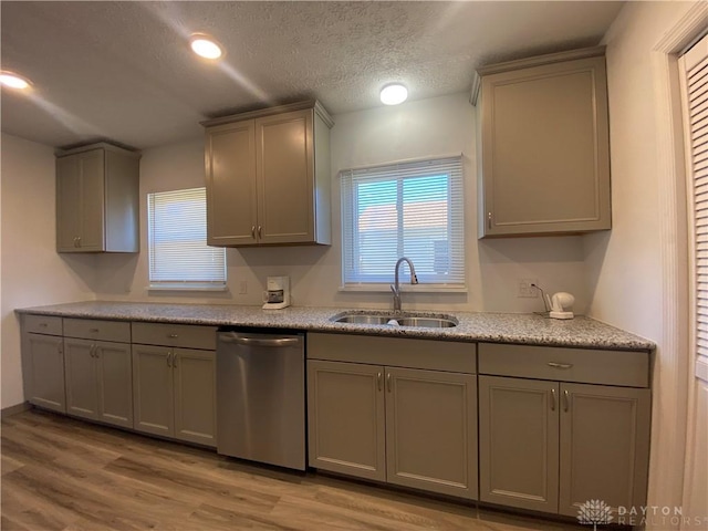 kitchen featuring light hardwood / wood-style flooring, sink, stainless steel dishwasher, and gray cabinetry