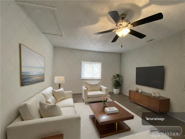 living room featuring ceiling fan