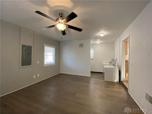 spare room featuring ceiling fan, separate washer and dryer, electric panel, and dark hardwood / wood-style flooring