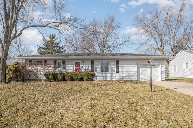 single story home with a garage, concrete driveway, and a front lawn