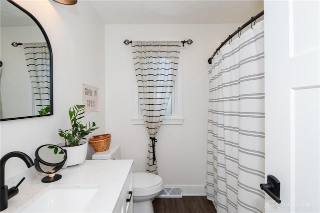 bathroom featuring vanity, wood-type flooring, and toilet