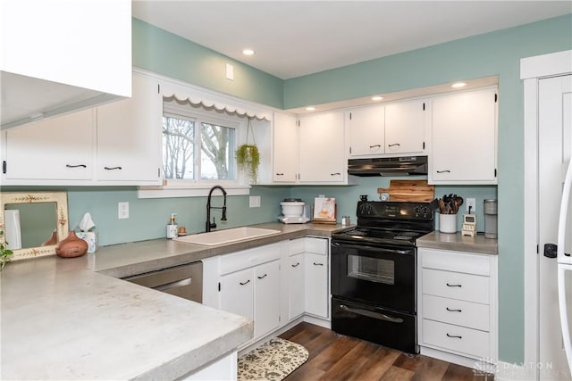 kitchen with white cabinetry, black range with electric stovetop, sink, and dishwasher