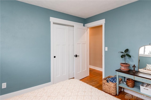 bedroom with wood-type flooring and a closet