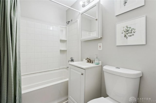 full bathroom with vanity, shower / bathtub combination with curtain, and toilet