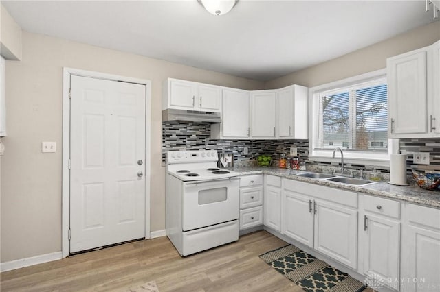 kitchen featuring sink, white cabinetry, light hardwood / wood-style flooring, white range with electric cooktop, and backsplash