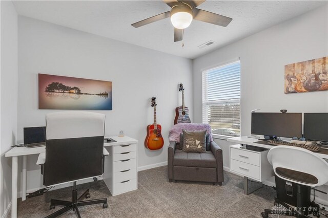1605 Ashbury Ct, Franklin, OH 45005 - office area featuring ceiling fan, carpet floors, visible vents, and baseboards