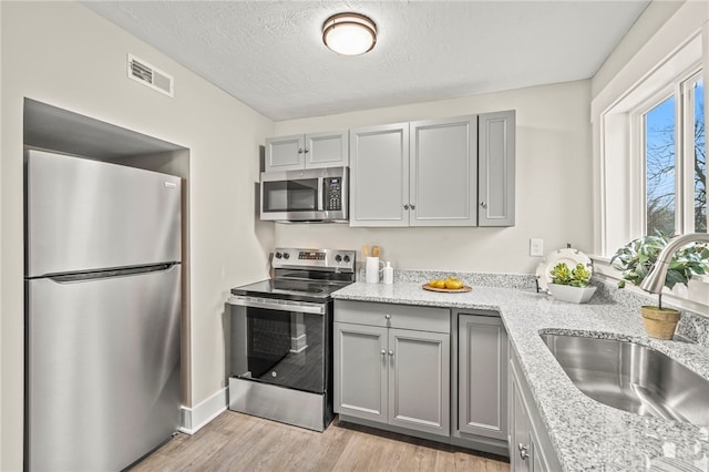 kitchen featuring a textured ceiling, gray cabinetry, stainless steel appliances, a sink, and light wood-type flooring