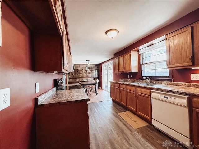 kitchen featuring sink, wood-type flooring, decorative light fixtures, white dishwasher, and range with electric cooktop