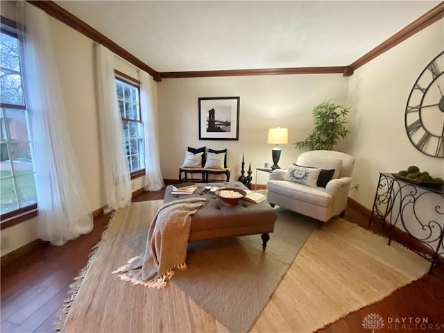 living room featuring hardwood / wood-style floors, crown molding, and plenty of natural light