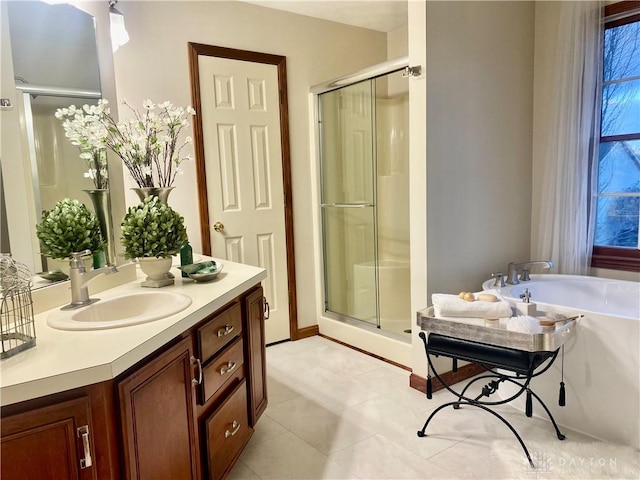 bathroom with vanity and a shower with shower door