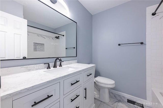 full bathroom with visible vents, vanity, baseboards, toilet, and marble finish floor