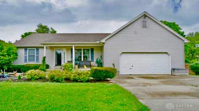 ranch-style house with a garage, a front lawn, and a porch