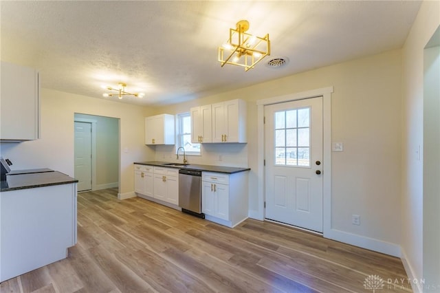 kitchen with white cabinetry, sink, stainless steel dishwasher, and light wood-type flooring