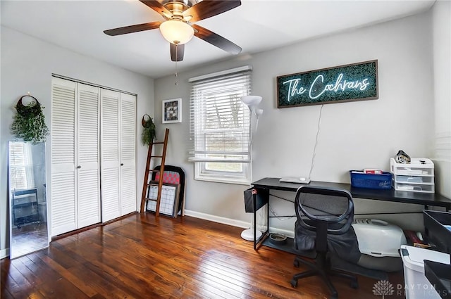 office space with ceiling fan, baseboards, and hardwood / wood-style flooring