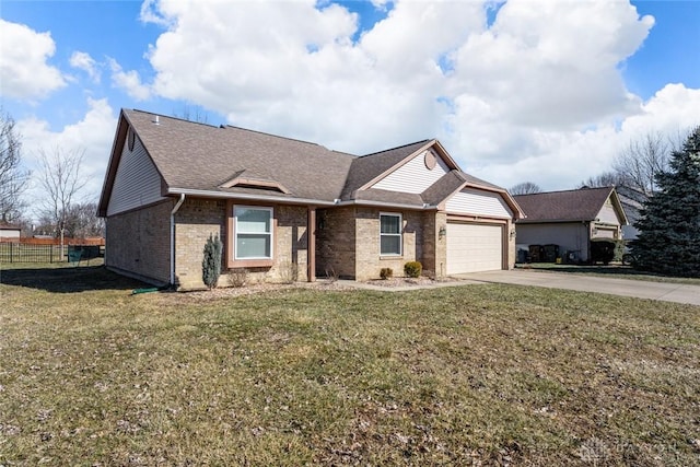 single story home with a garage and a front lawn