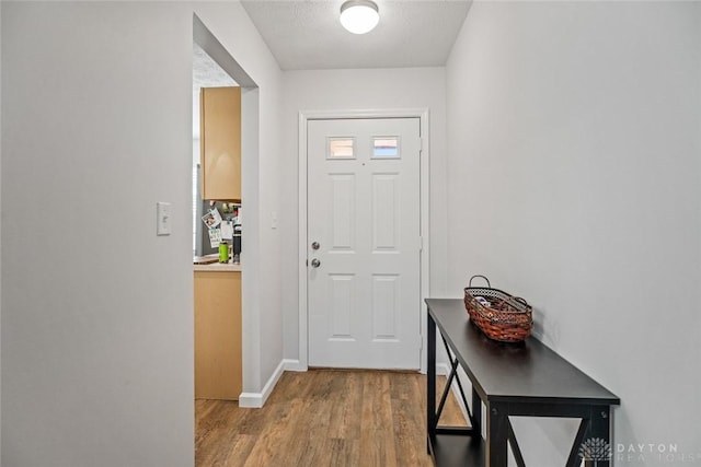 entryway featuring hardwood / wood-style floors and a textured ceiling