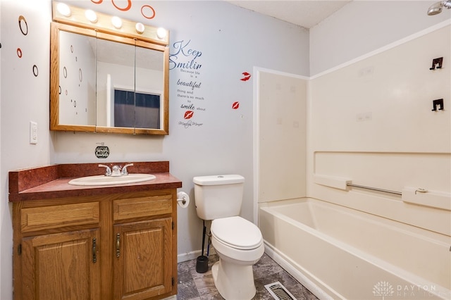 full bathroom featuring vanity,  shower combination, and toilet