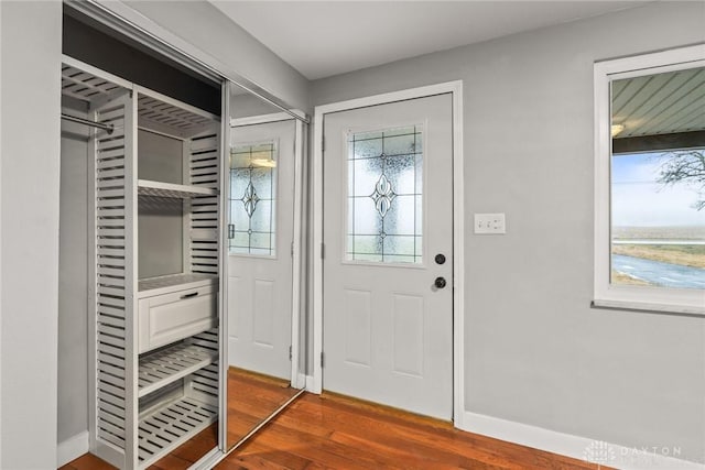 entryway with dark hardwood / wood-style floors and a healthy amount of sunlight